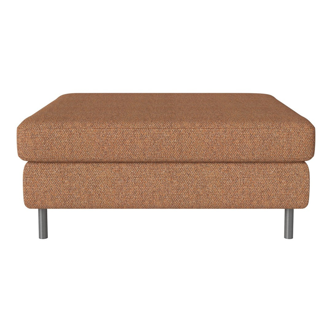 Brown upholstered ottoman with a textured finish and sleek metallic legs. Ideal for modern interiors.
