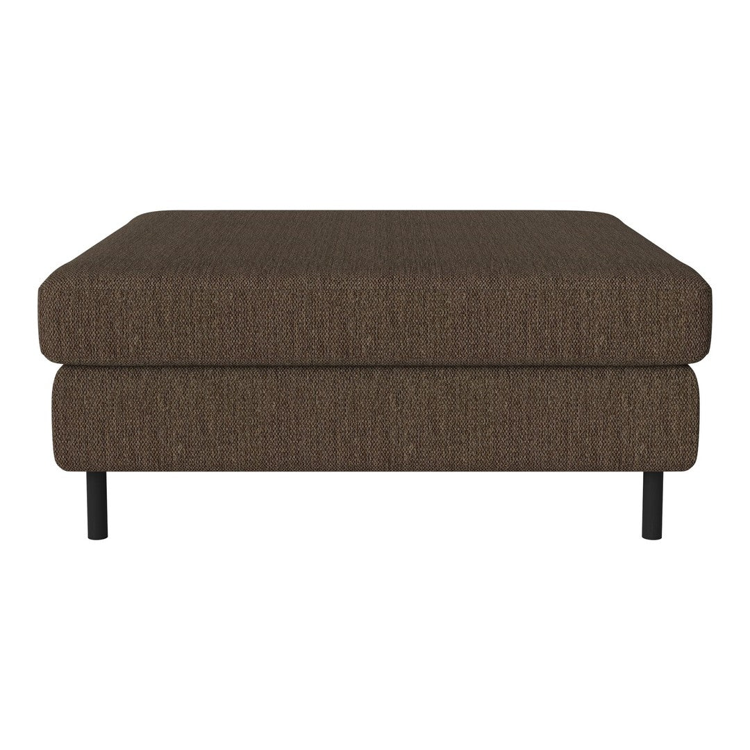Brown textured ottoman with a modern design and black legs, perfect for contemporary living spaces.