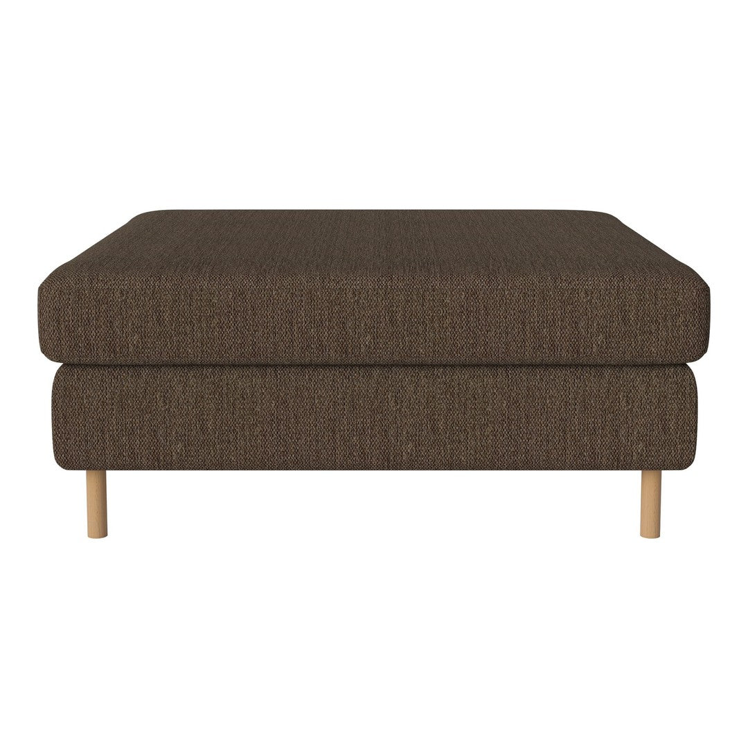 Brown upholstered ottoman with a textured pattern and wooden legs, perfect for modern living spaces.