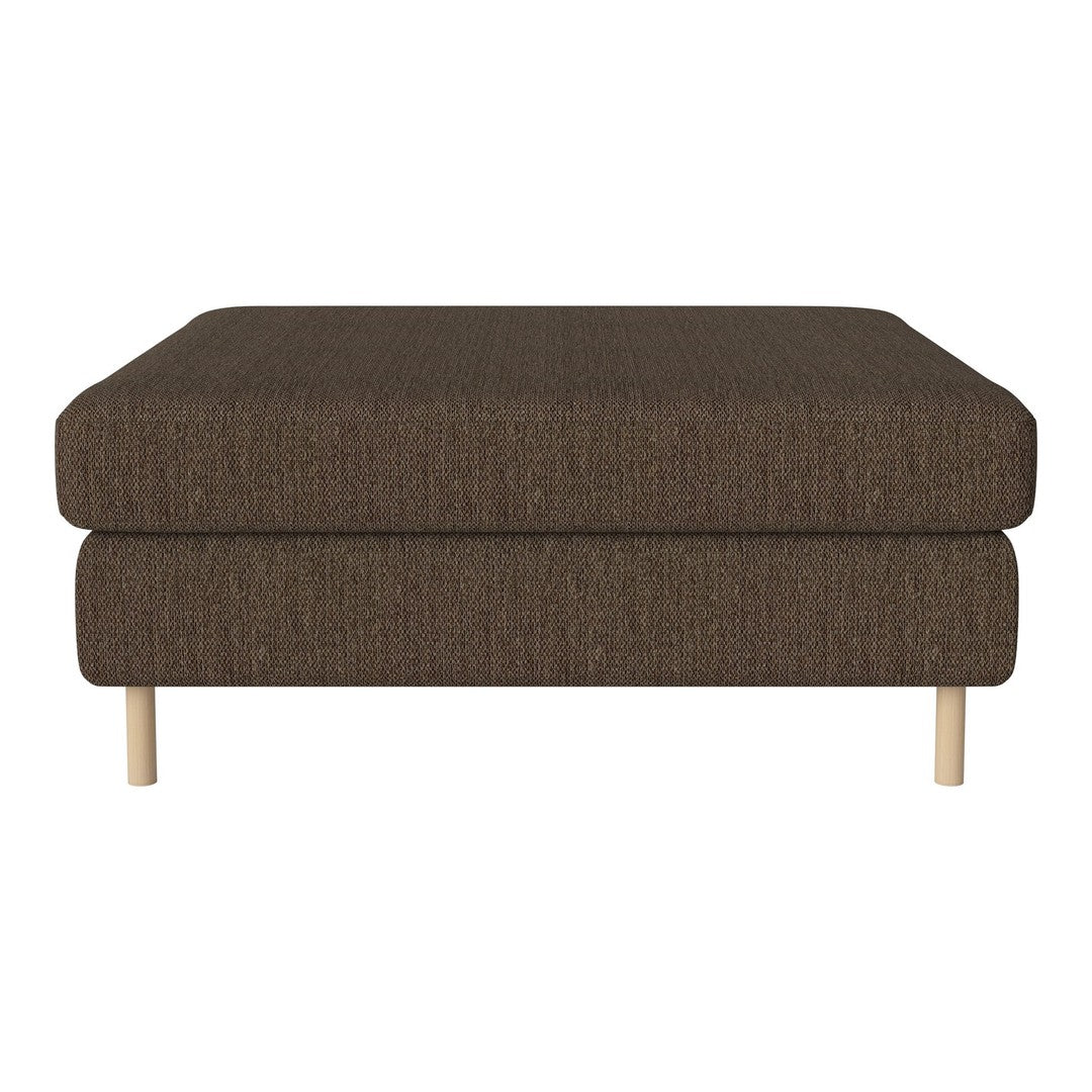 Brown textured ottoman with natural wood legs, perfect for adding warmth to any living space.