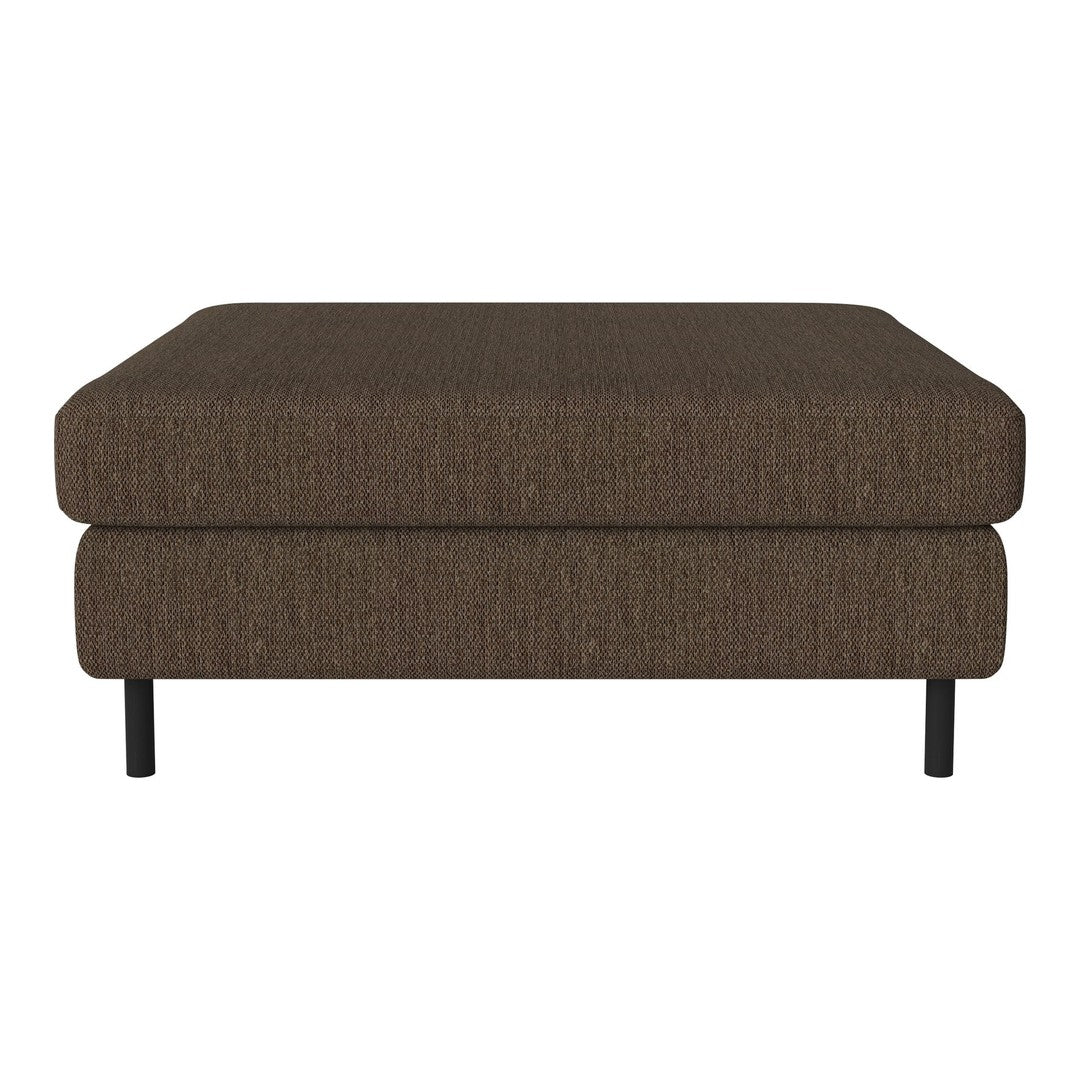 Brown upholstered ottoman with a textured fabric and black legs. Ideal for modern living spaces.