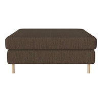 Brown upholstered ottoman with a textured fabric and wooden legs, featuring a sleek, modern design.