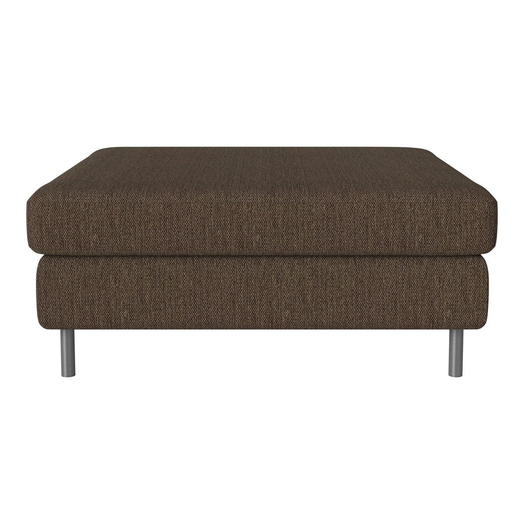 Brown upholstered ottoman with a textured fabric and sleek silver legs. Perfect for modern living spaces.