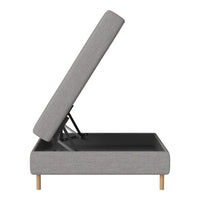 Light gray upholstered storage bed with a sleek minimalist design and wooden legs, featuring a subtle fabric texture.