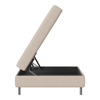 Beige upholstered storage bed with a sleek, minimalist design and gray interior. It features a simple, textured pattern.