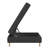 "Gray upholstered storage ottoman with a simple design and natural wooden legs."