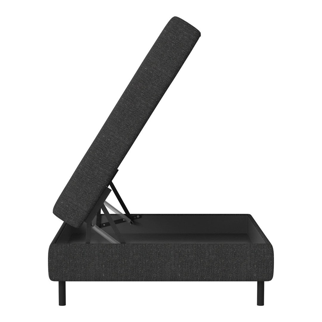 Grey upholstered storage bed frame with minimalist design and a sleek, textured fabric pattern.