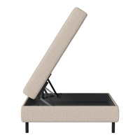 Beige upholstered bed frame with a sleek design, featuring a textured fabric and a hidden storage compartment.