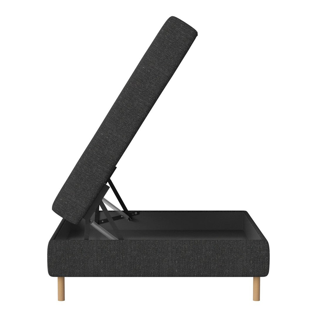 Modern gray upholstered storage ottoman with a minimalist design and natural wood legs.
