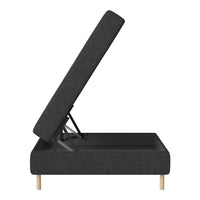 Gray upholstered storage bed with a sleek, minimalist design and natural wood legs. Modern and functional style.