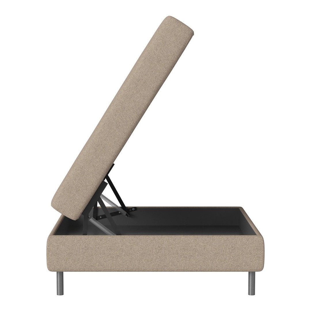 Beige upholstered storage bed with a minimalist design and sleek metal legs, showcasing modern functionality.
