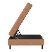 Brown upholstered storage bed with a textured fabric and black metal frame. Modern and stylish design.