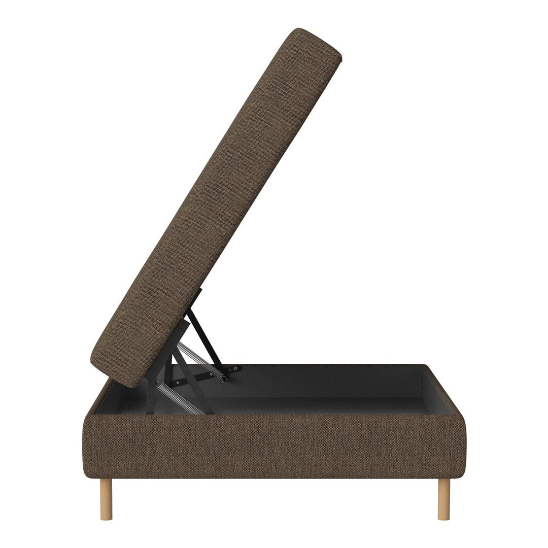 Brown upholstered ottoman bed with a textured fabric and sleek wooden legs, showcasing a modern minimalist design.