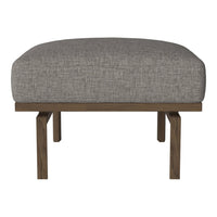 Gray upholstered ottoman with a textured fabric and a simple wooden frame. Modern and versatile design for any decor.