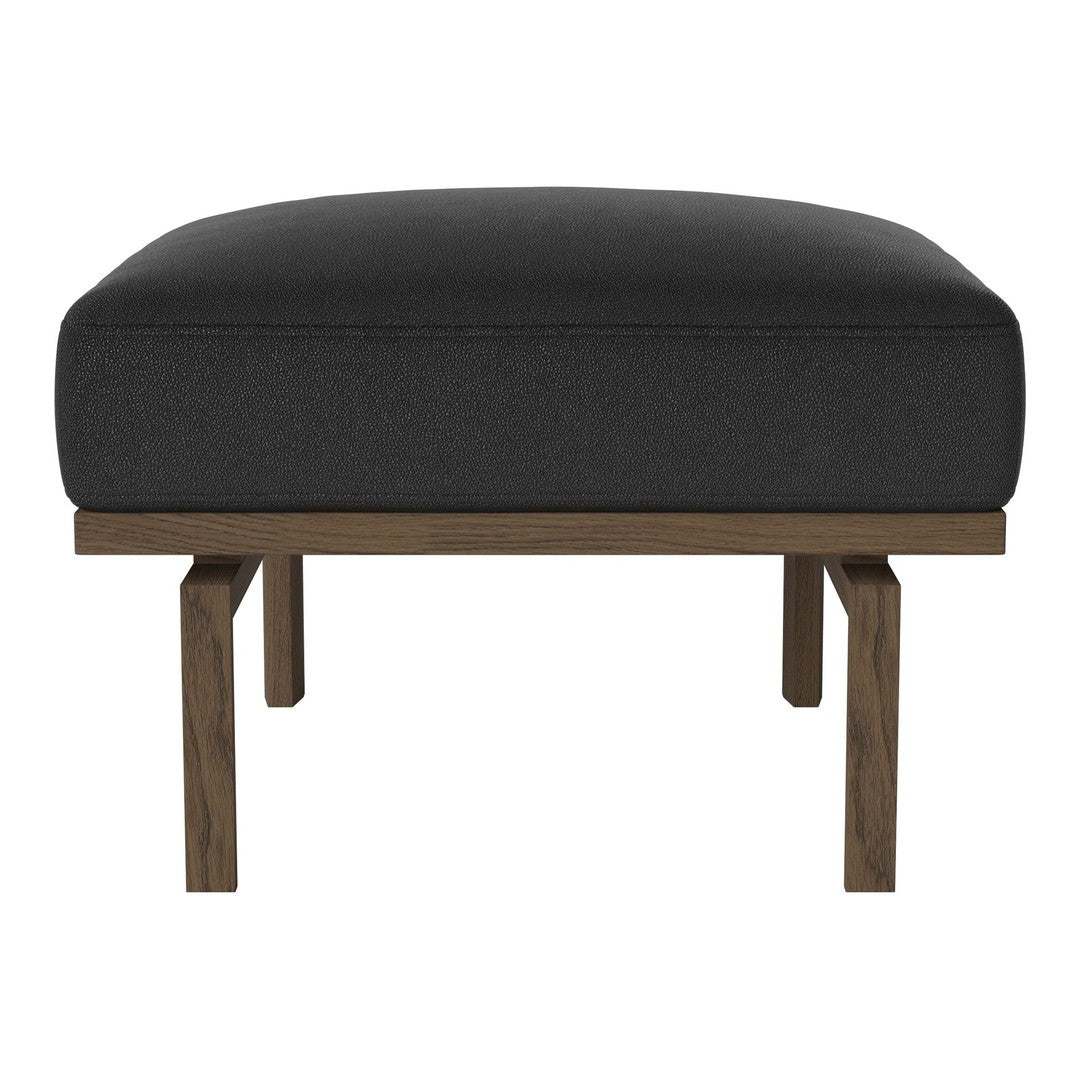 Black upholstered ottoman with a minimalist wooden base, featuring clean lines and a modern design.