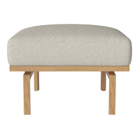Light beige upholstered ottoman with a smooth fabric finish and natural wooden legs. Modern and minimalist design.