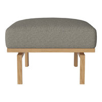 Gray upholstered ottoman with a smooth texture, featuring a natural wood base for a modern, minimalist look.
