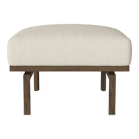 "Beige upholstered ottoman with a sleek dark wood base, featuring a modern, minimalist design."