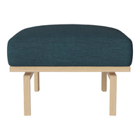 Teal upholstered ottoman with a minimalist wooden frame, featuring a smooth, modern design and subtle texture.