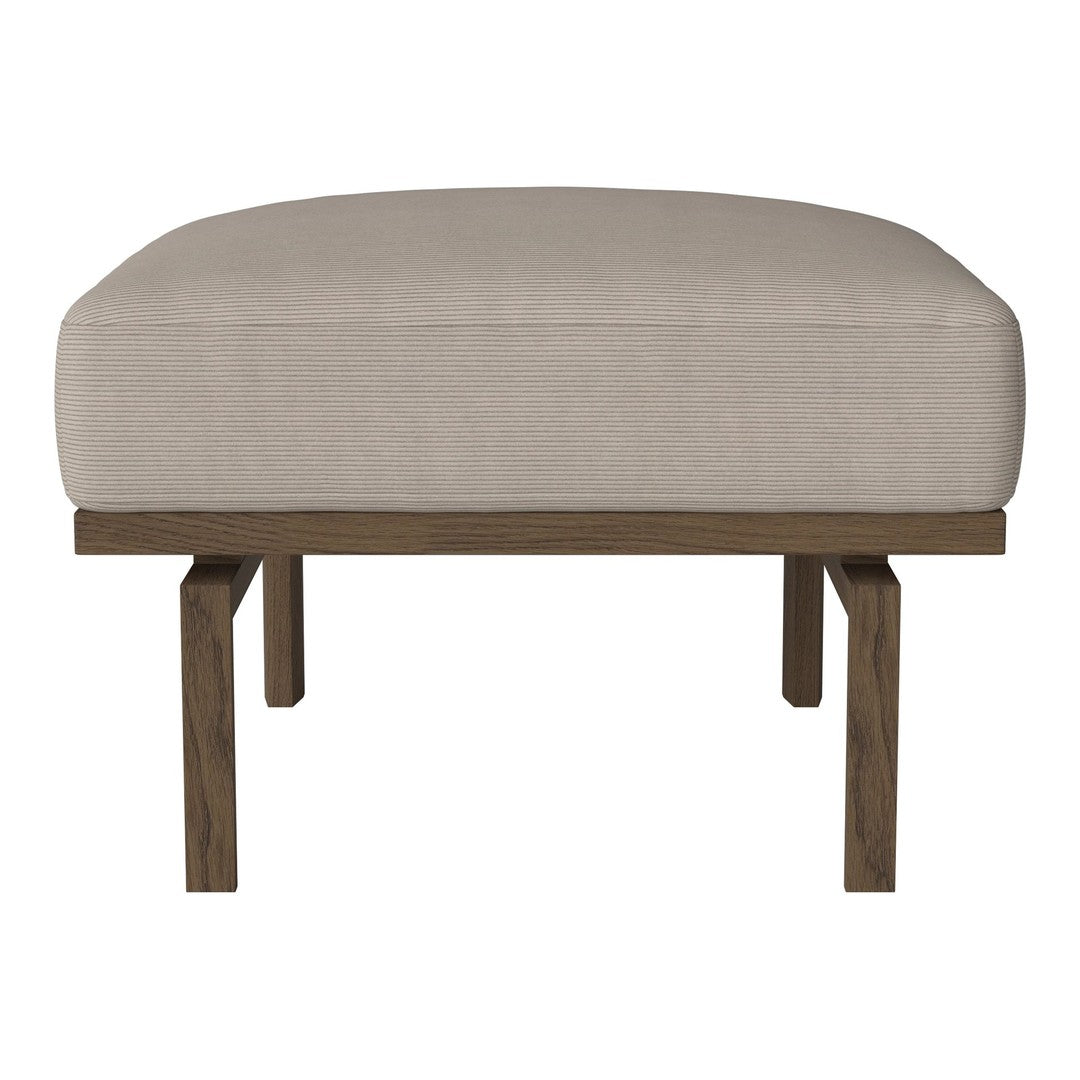 Beige upholstered ottoman with a solid wood frame, featuring a simple, modern design and smooth texture.