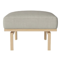 Light gray upholstered ottoman with a smooth texture and natural wood legs, featuring minimalist design and subtle pattern.