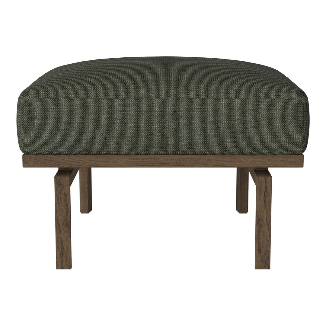 Olive green upholstered ottoman with a smooth texture and sturdy wooden legs, ideal for modern decor.