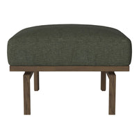 Olive green upholstered ottoman with a smooth texture and sturdy wooden legs, ideal for modern decor.