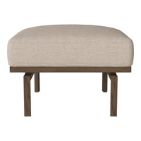 Neutral beige upholstered ottoman with a simple, minimalistic design and dark wooden legs.