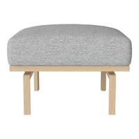 Gray upholstered ottoman with a minimalist wooden frame, featuring a smooth, textured fabric. Ideal for modern decor.