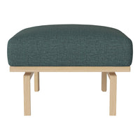 Teal upholstered ottoman with textured fabric and light wood frame. Modern design for versatile decor.
