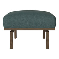 Teal upholstered ottoman with a textured pattern and a dark wooden frame. Ideal for modern decor.