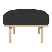 Black upholstered ottoman with a textured finish and light wooden legs, offering a modern, minimalist design.