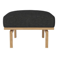 Black upholstered ottoman with a textured finish and natural wood legs. Minimalist design for modern interiors.