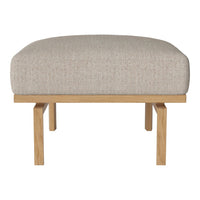Beige upholstered ottoman with a textured fabric over a natural wood frame. Minimalist design for modern decor.
