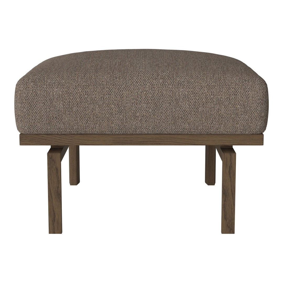 Brown upholstered ottoman with a textured fabric and wooden legs, perfect for modern decor.