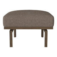Brown upholstered ottoman with a textured fabric and wooden legs, perfect for modern decor.
