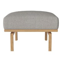 Gray upholstered ottoman with a textured pattern, complemented by a light wood frame. Modern and stylish design.