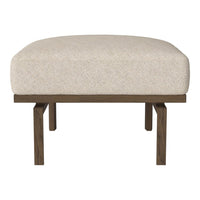 Cream upholstered ottoman with a smooth texture and dark wooden legs, featuring a minimalist design.