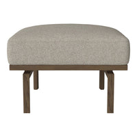 Light gray fabric ottoman with a smooth texture, featuring a simple wooden frame. Ideal for modern decor.