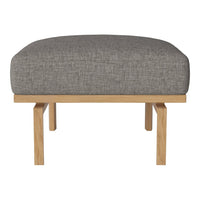 Gray upholstered ottoman with a smooth texture and natural wood legs, perfect for modern decor.