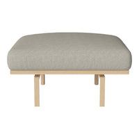 Light gray upholstered cushion with a smooth texture, supported by a natural wood frame. Minimalist and modern design.