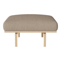 Beige upholstered bench cushion with a smooth texture atop a light wooden frame. Simple and modern design.