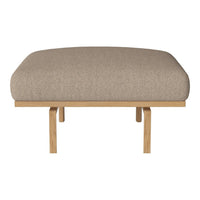 Beige upholstered ottoman with a smooth, textured surface and natural wood legs. Perfect for modern decor.