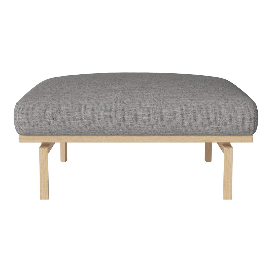 Gray upholstered cushion with a subtle textured pattern on a wooden frame. Modern and minimalist design.
