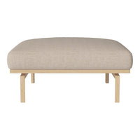 Beige upholstered ottoman with a smooth, textured fabric on a light wood frame. Simple and modern design.