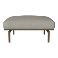 Beige upholstered ottoman with a smooth texture and wooden legs for a modern, minimalist look.