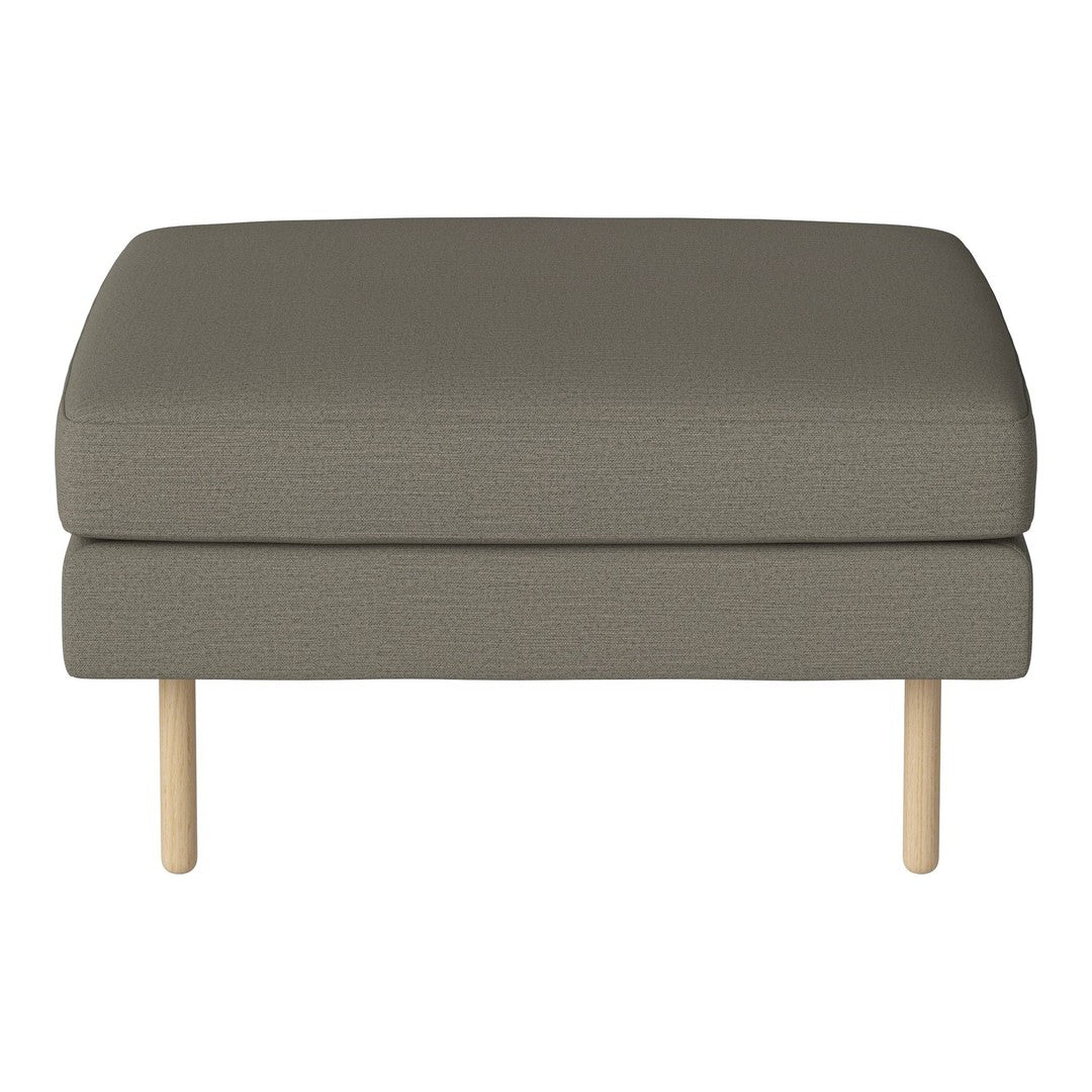 Gray upholstered ottoman with a textured pattern and natural wooden legs, perfect for modern living spaces.