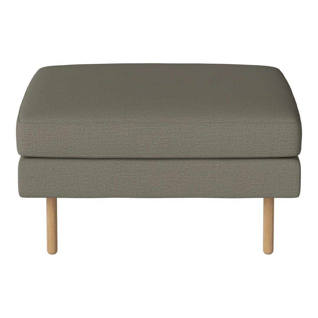 Gray fabric ottoman with a smooth texture and light wooden legs, minimalist design for modern decor.