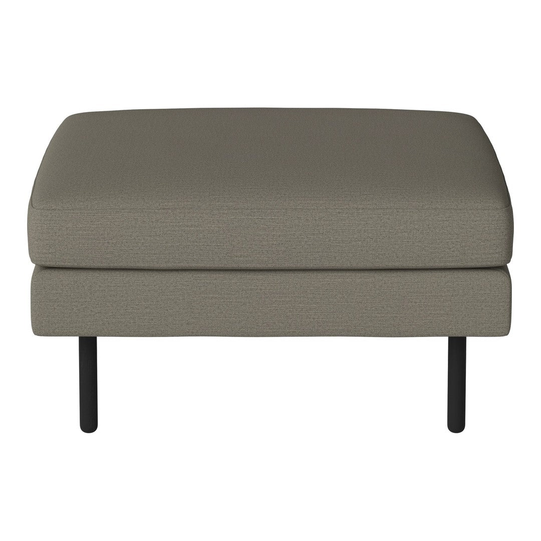 Gray upholstered ottoman with a textured finish and black metal legs. Minimalist design, perfect for modern decor.