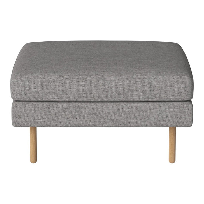 Gray upholstered ottoman with a textured fabric and wooden legs, offering a modern and minimalist design.